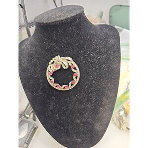 Brooch/Pin  Circular Wreath Rose  Clear  Colorless Rhinestone Silver-tone